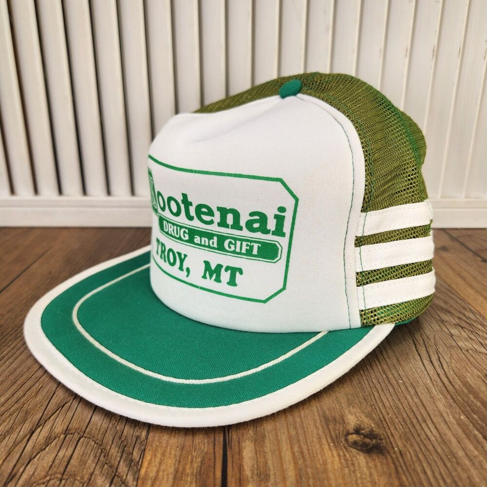 VTG Kootenai Drug & Gift 3 Stripe Trucker Hat Green White San Sun Snapback Cap